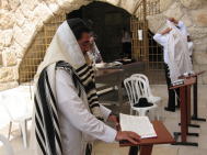 嘆きの壁の前で聖書を読むユダヤ人